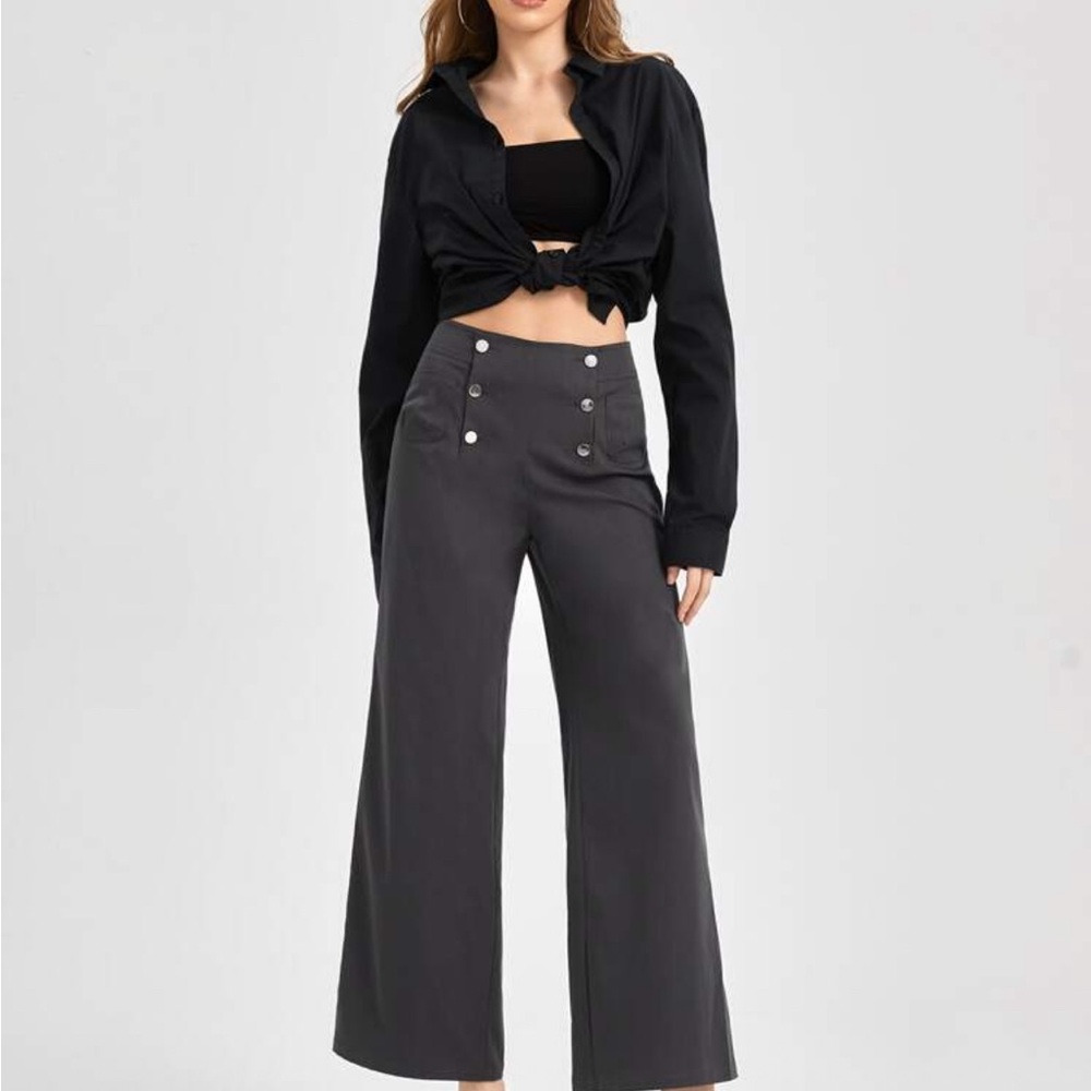 Nautical Chic Charcoal Wide-Leg High Waist Women's Sailor Button Cropped Pants M